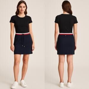 Tommy Hilfiger Navy Blue Knit Skirt with Red White Stripe Waistband – Size Small